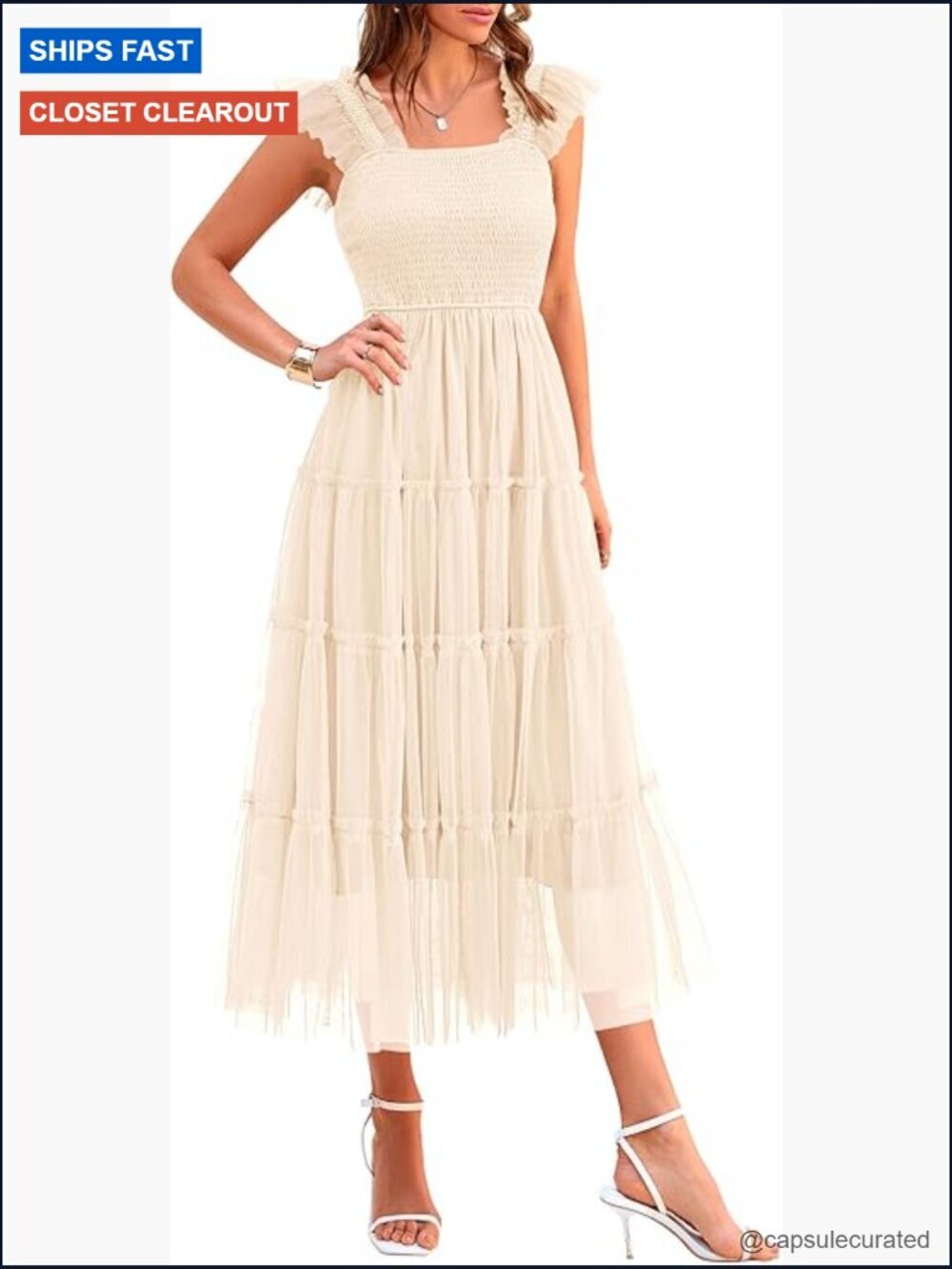 Sleeveless Smocked Midi Dress with Tulle Ruffle Flowy Mesh
